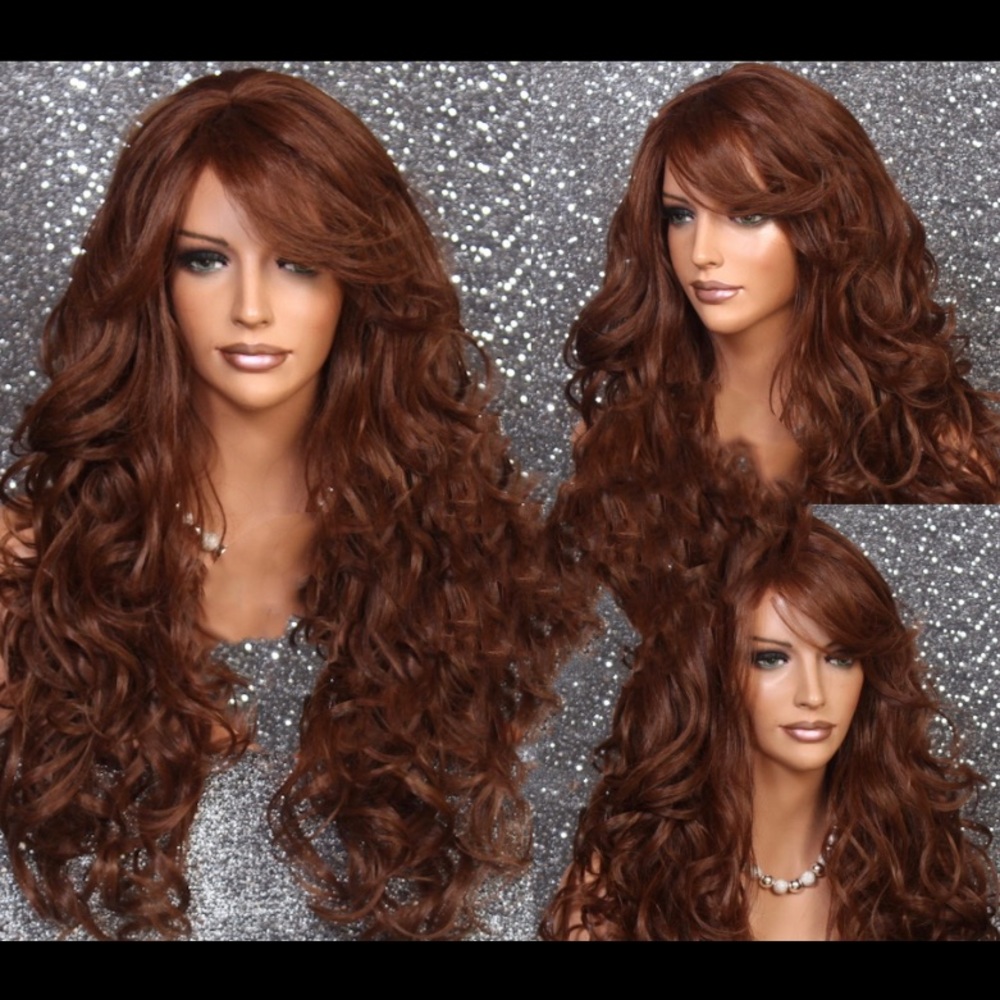 Beautiful human hair blend Auburn mix long wig heat resistnt 28"with curls bangs